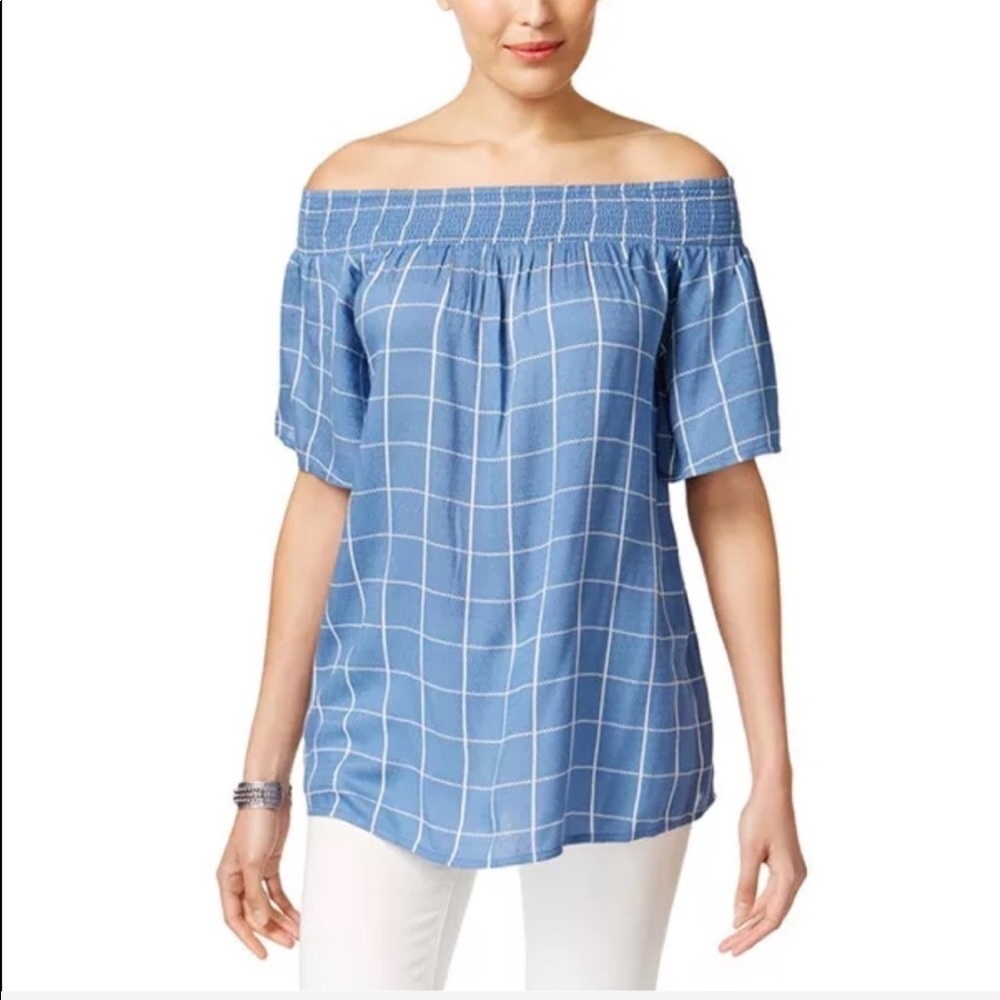 NWT Style & Co Poolside Check Off Shoulder Top